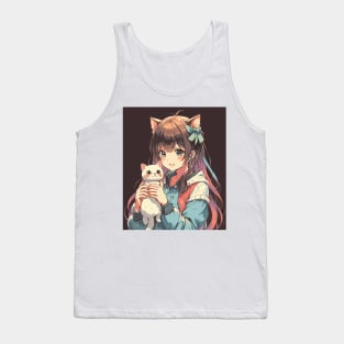 happy Cute anime girl with cute white Cat in kawaii Tank Top